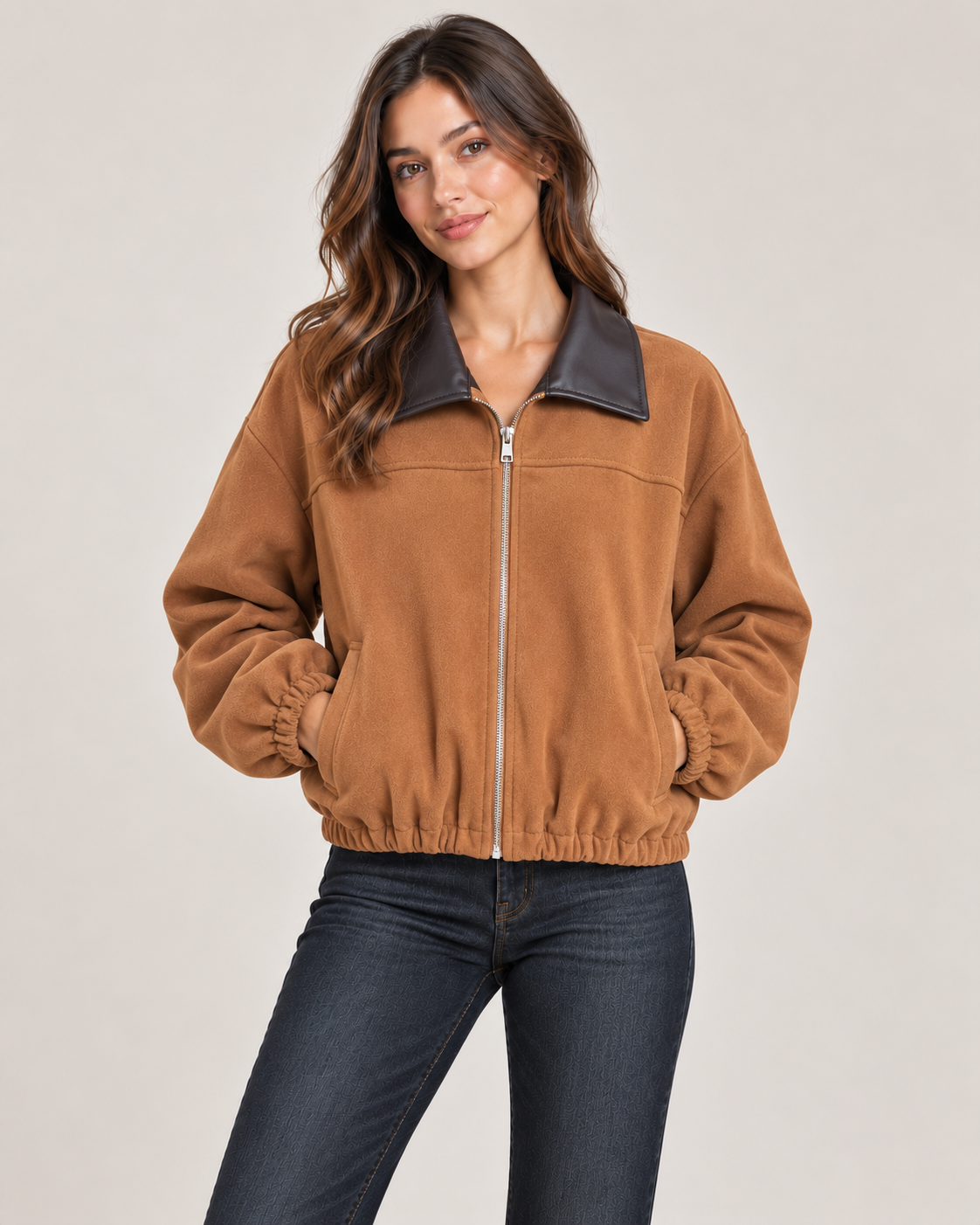 Contrast Collar Zip Jacket – Camel worn by a model