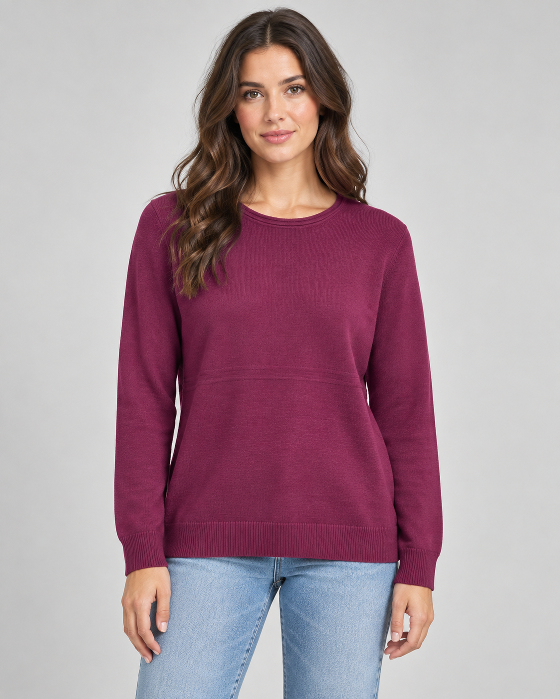 Cashmere blend jumper in Berry on a female studio model