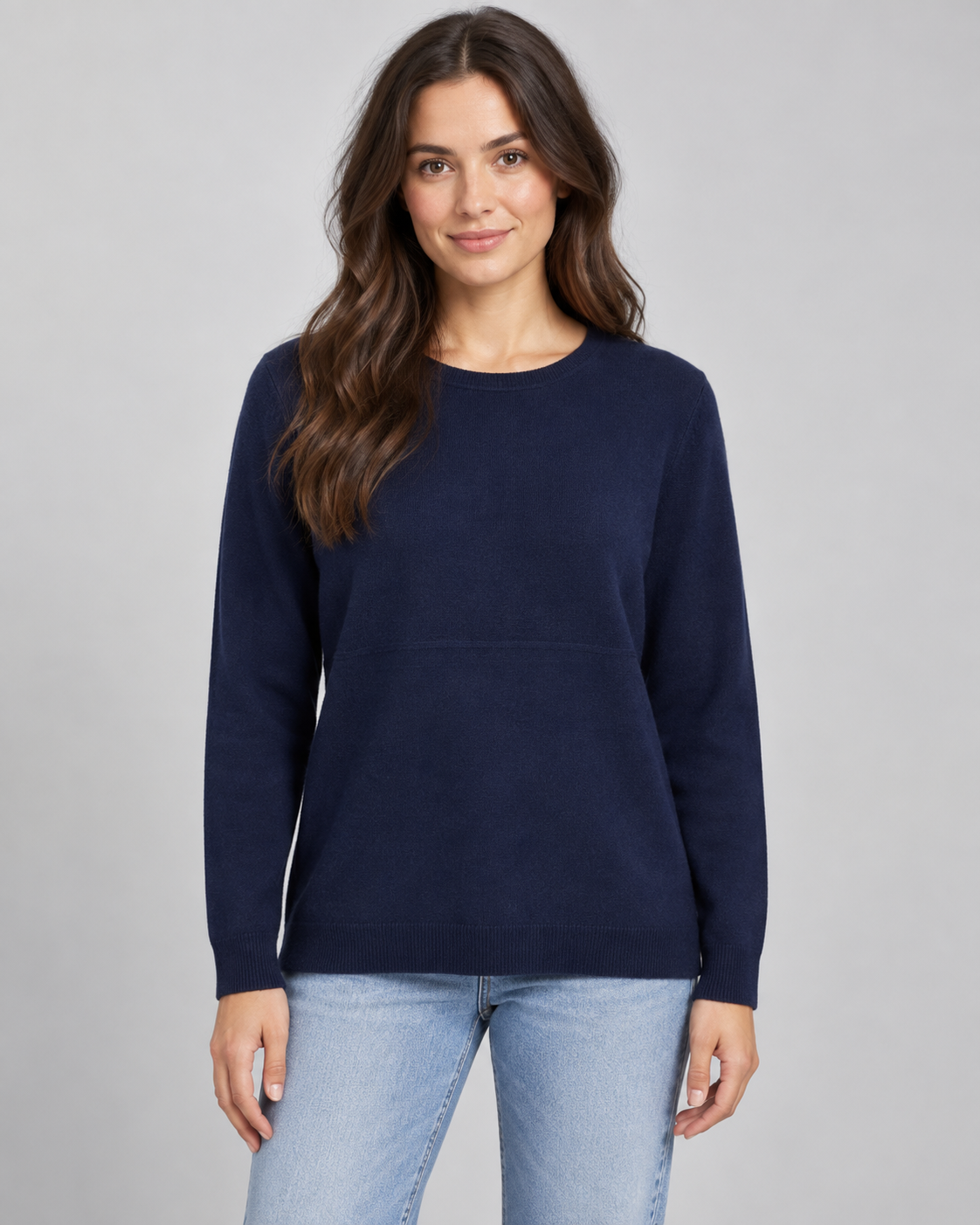 Cashmere blend jumper in Navy on a female studio model