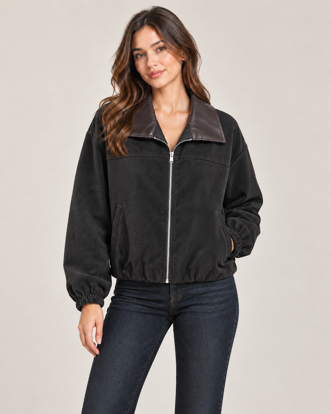 Contrast Collar Zip Jacket – Charcoal worn by a model