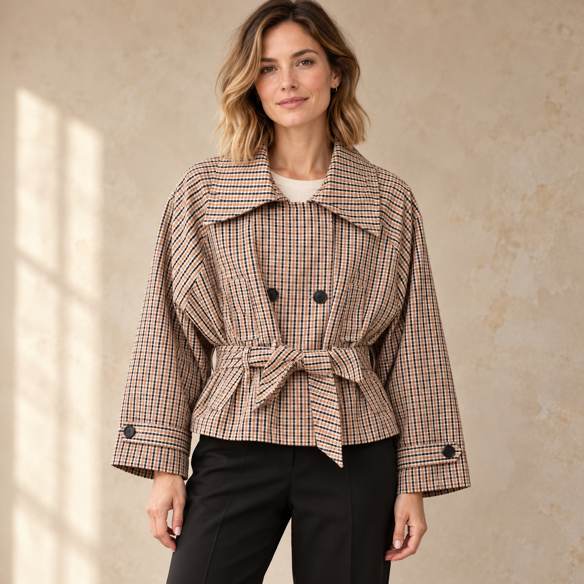 Model wearing beige checked belted short trench jacket