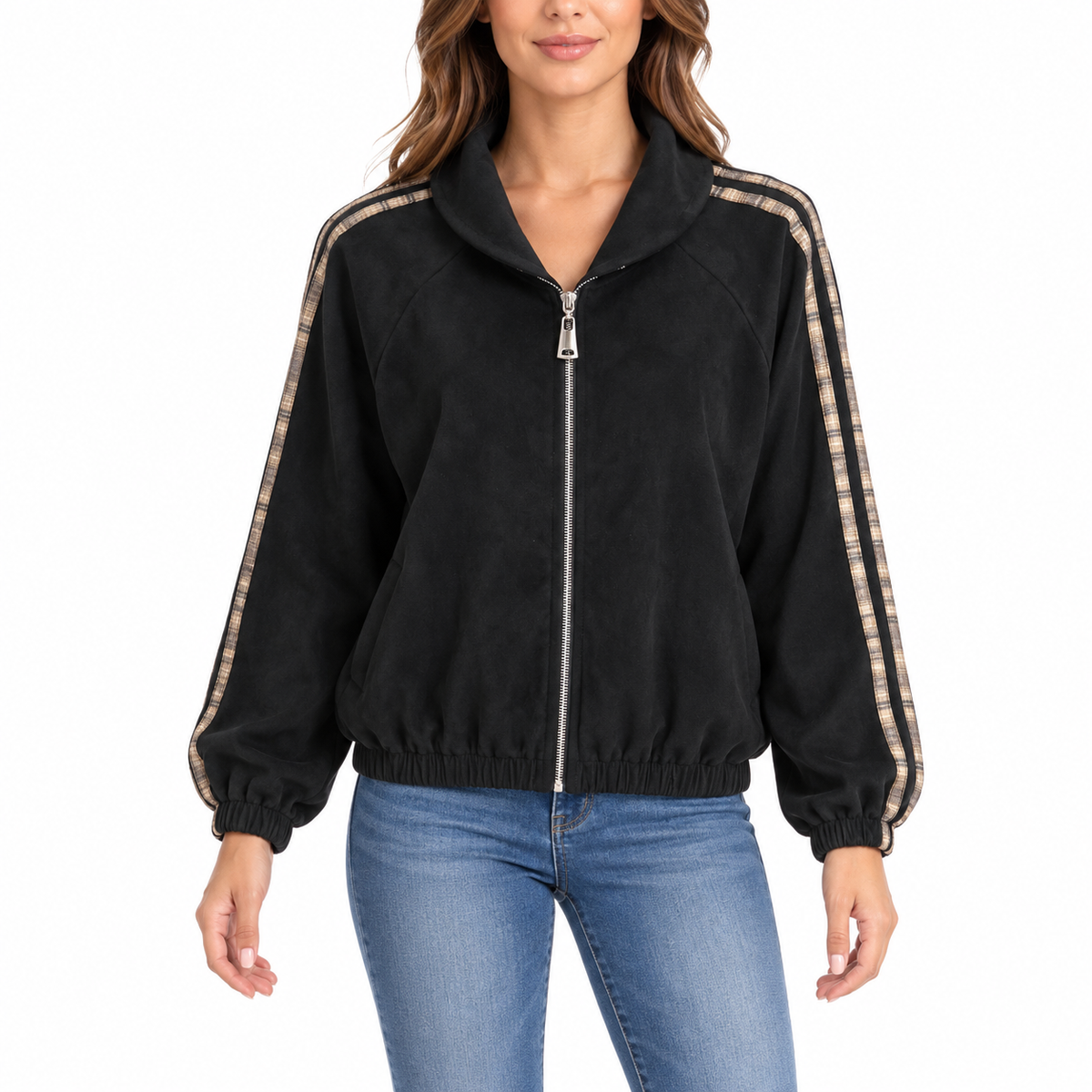 AI model wearing black checked trim zip jacket