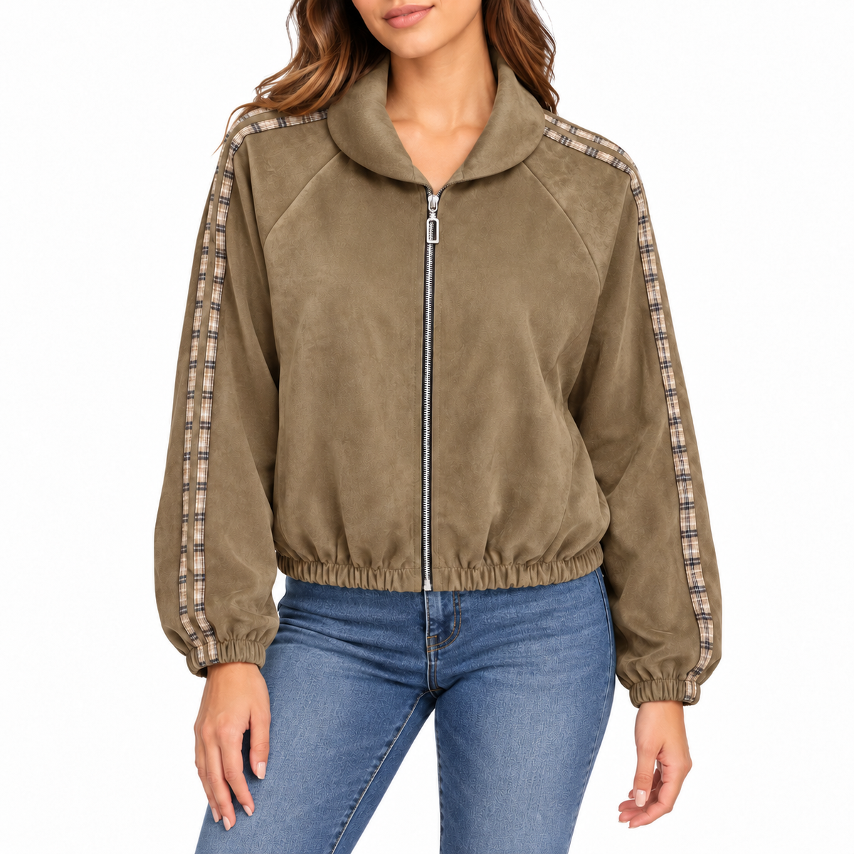 AI model wearing khaki checked trim zip jacket