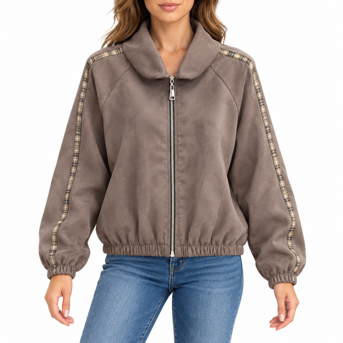 AI model wearing taupe checked trim zip jacket