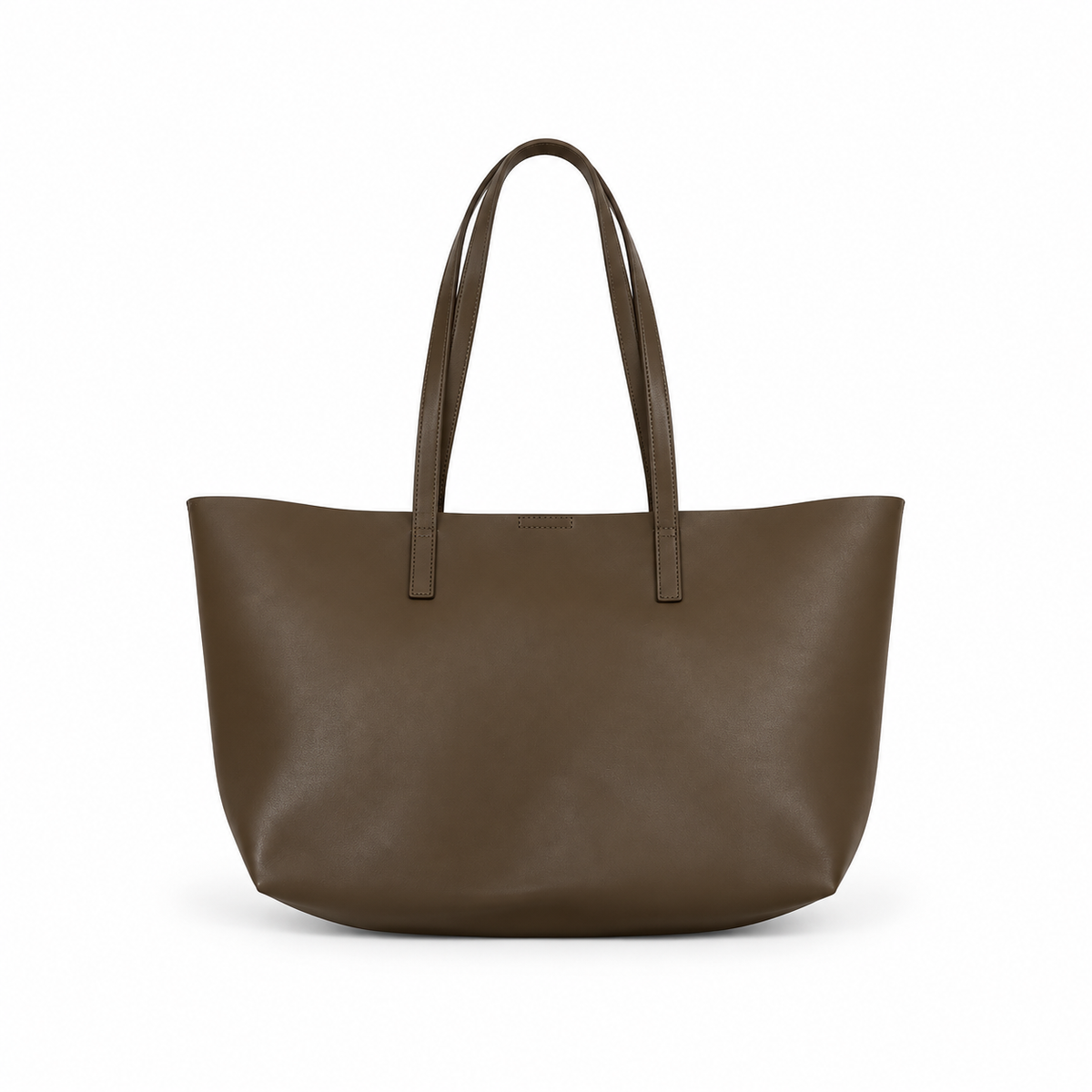 Chocolate brown tote bag with long twin handles on a white background