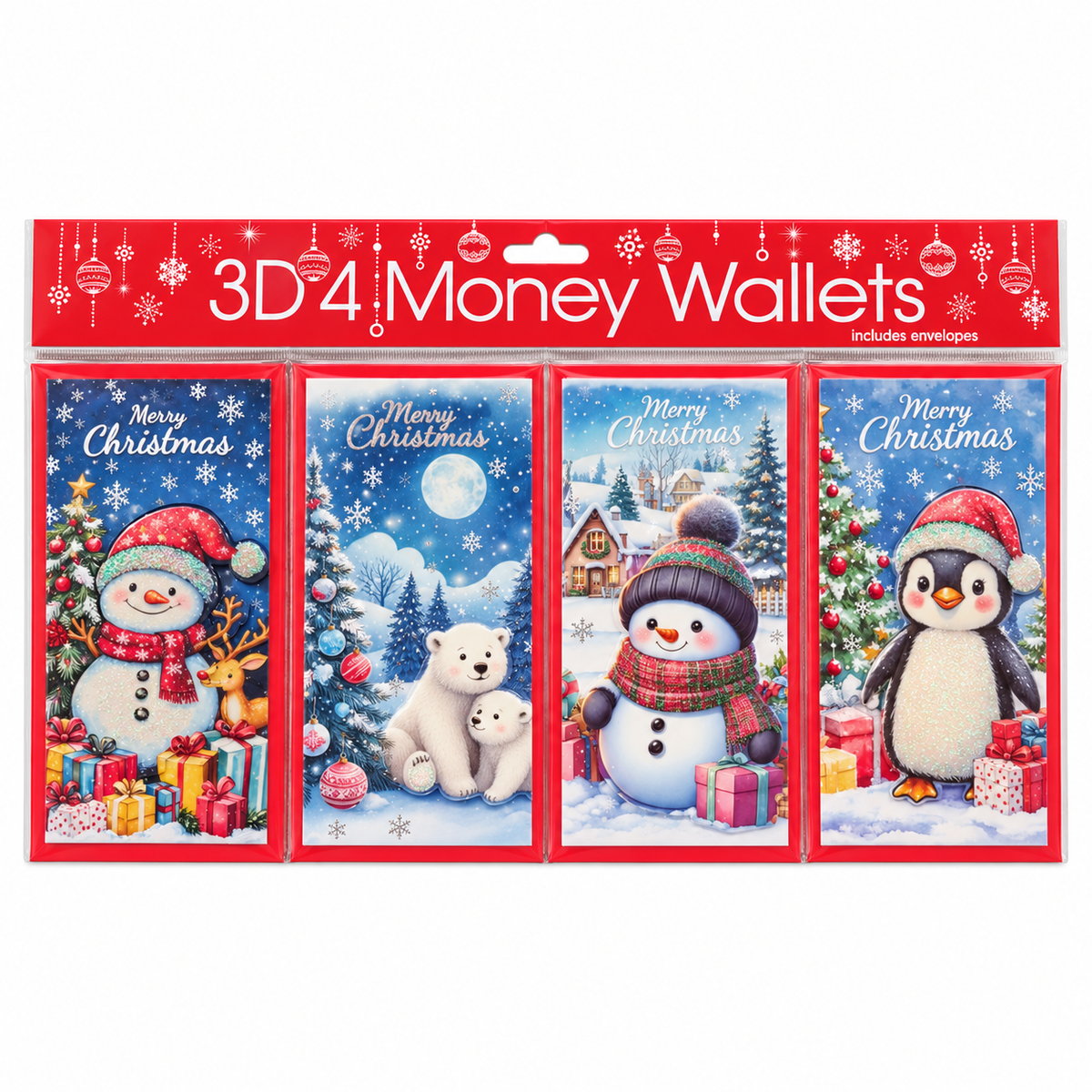 Pack of four 3D Christmas money wallets with envelopes