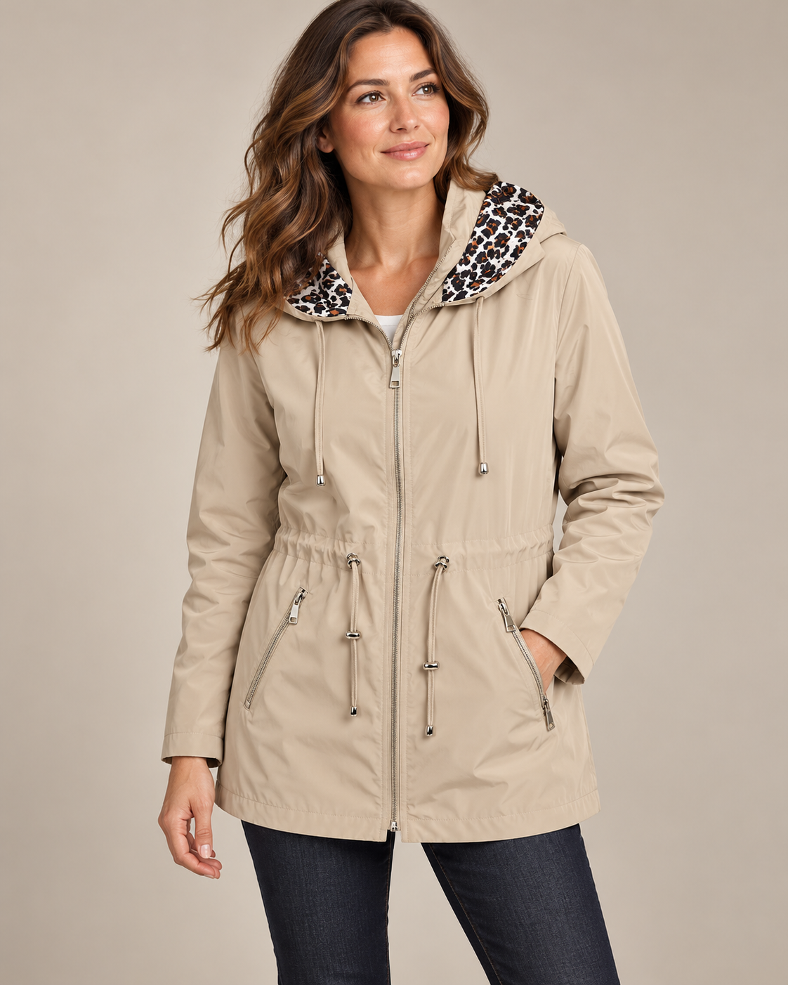 Waterproof Leopard-Lined Hooded Coat – Beige worn by a model