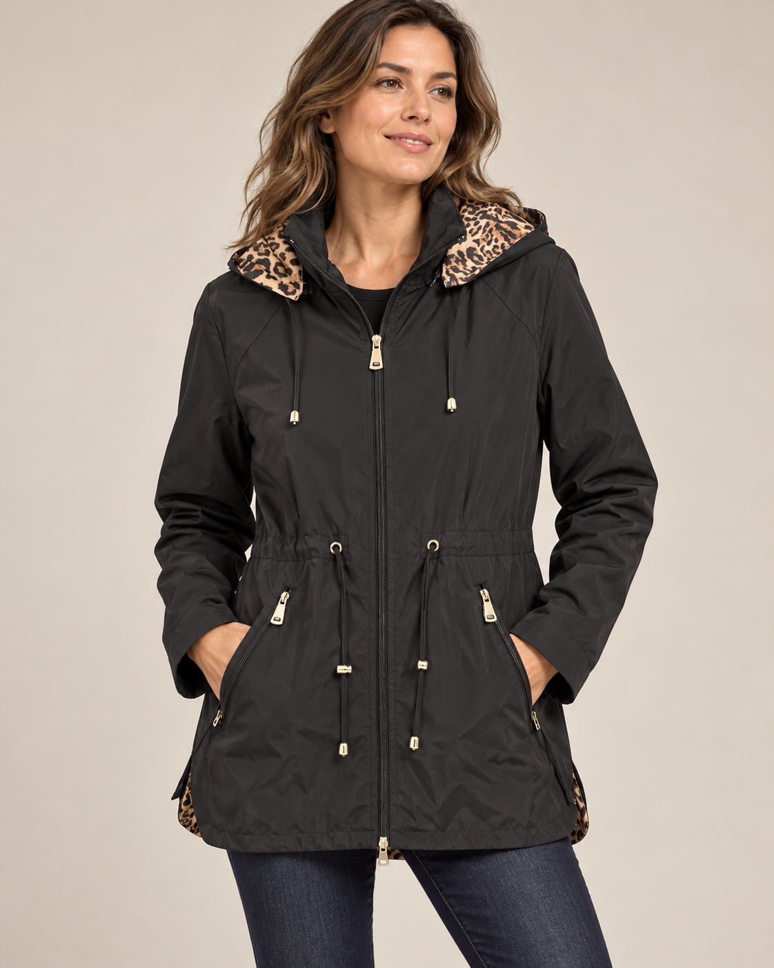 Waterproof Leopard-Lined Hooded Coat – Black worn by a model