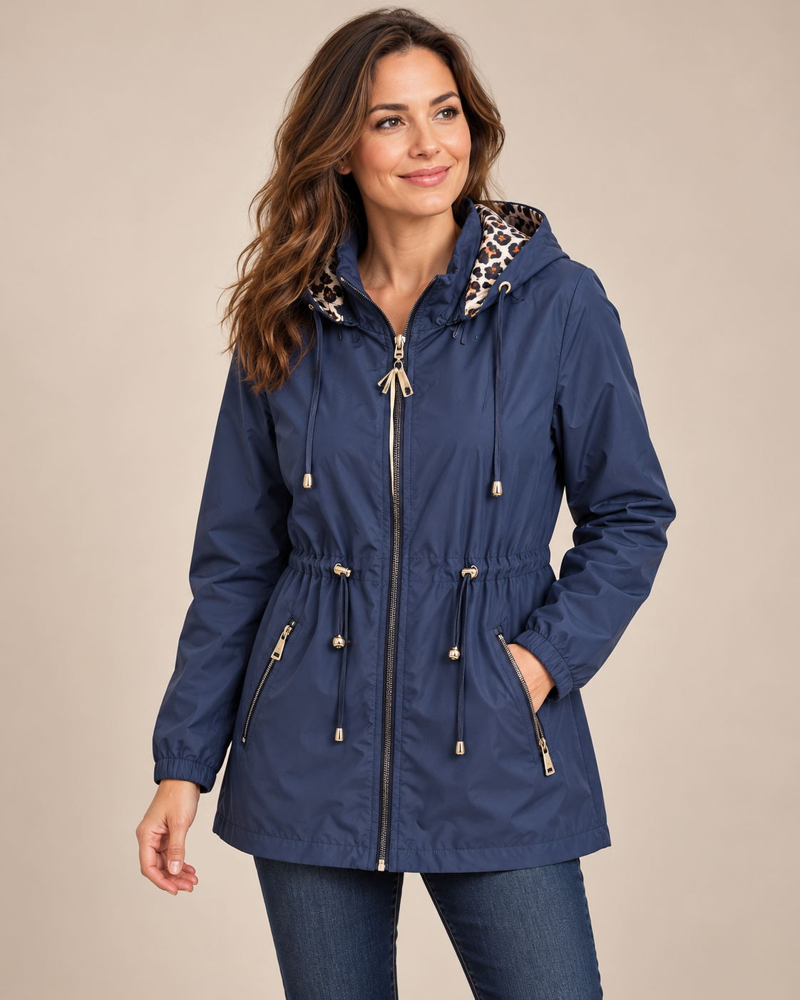 Waterproof Leopard-Lined Hooded Coat – Navy worn by a model