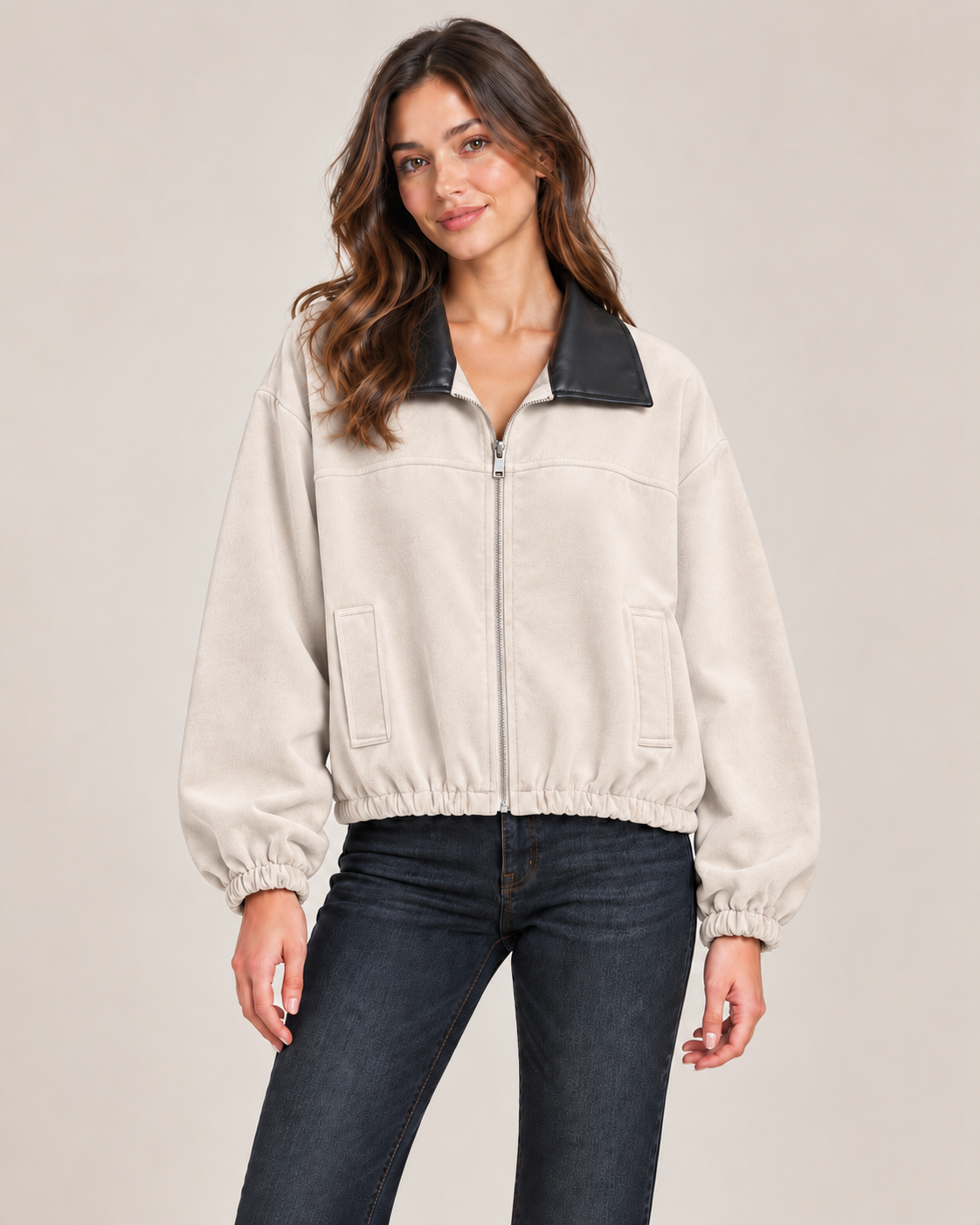 Contrast Collar Zip Jacket – Cream worn by a model
