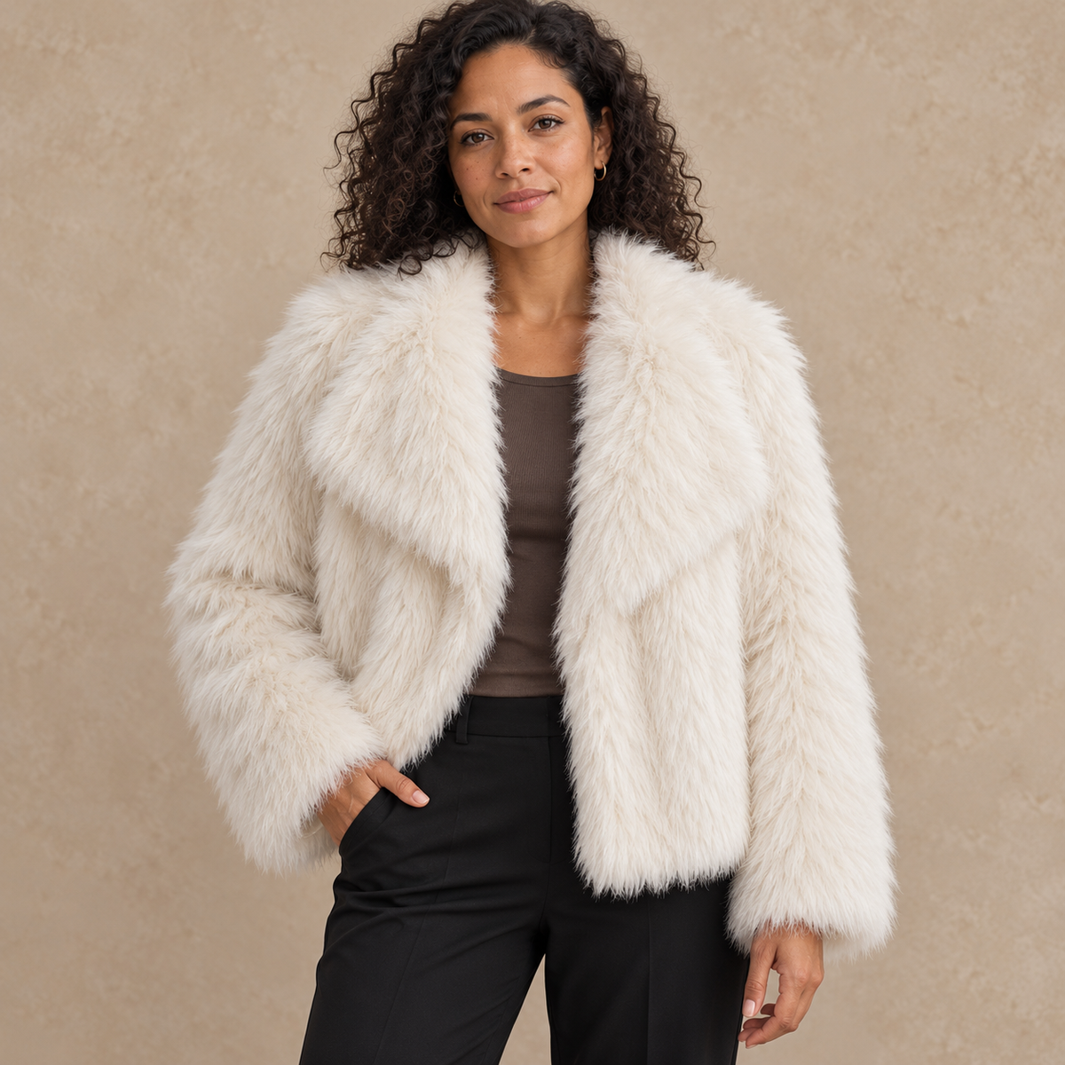 Model wearing cream shaggy textured collar jacket against a warm neutral background