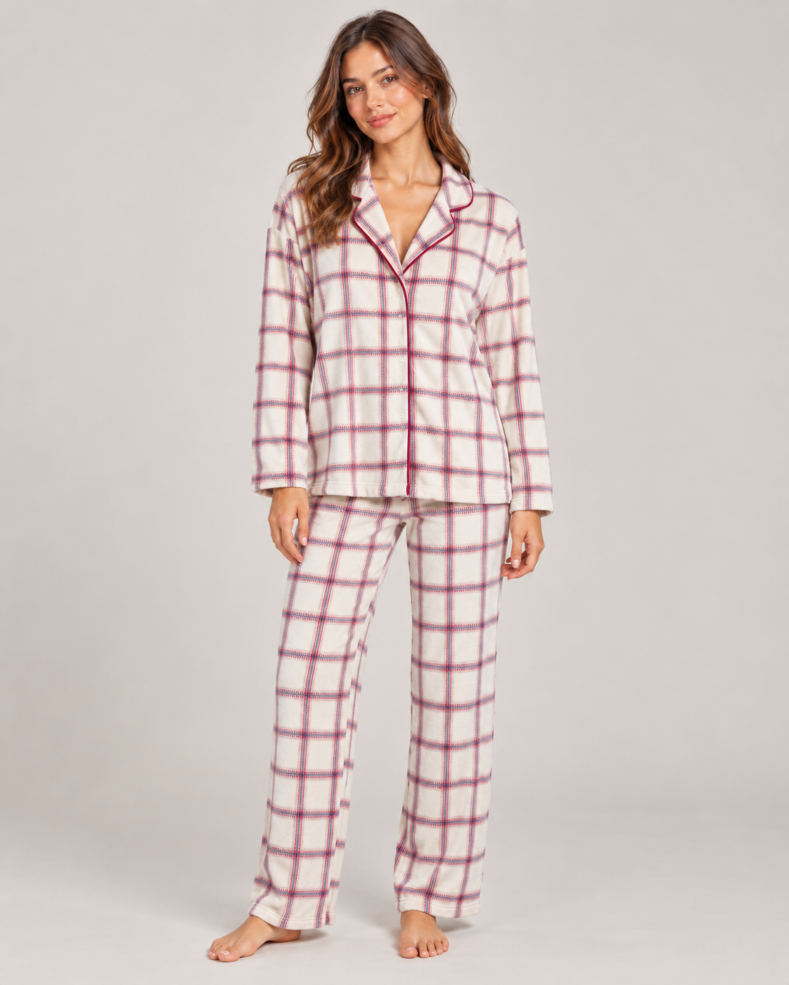 Checked Fleece Pyjama Set – Cream worn by a model