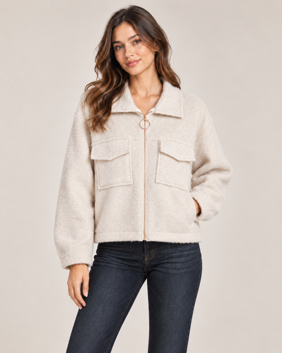 Brushed Collared Zip Jacket – Cream worn by a model