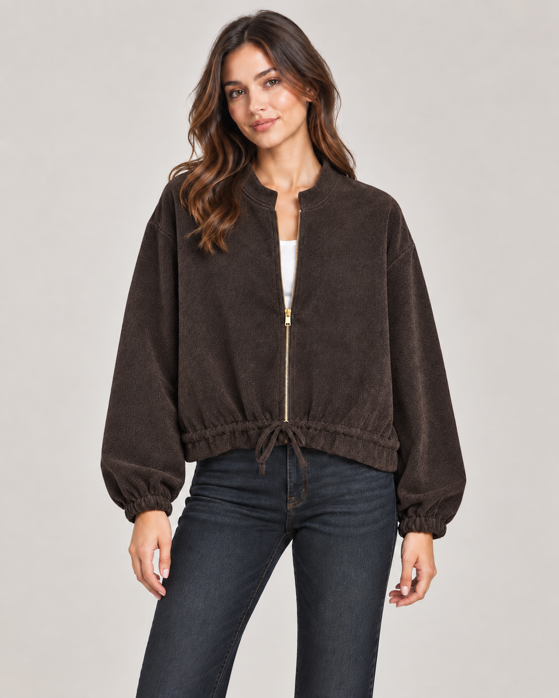chocolate drawstring hem jacket on a female studio model