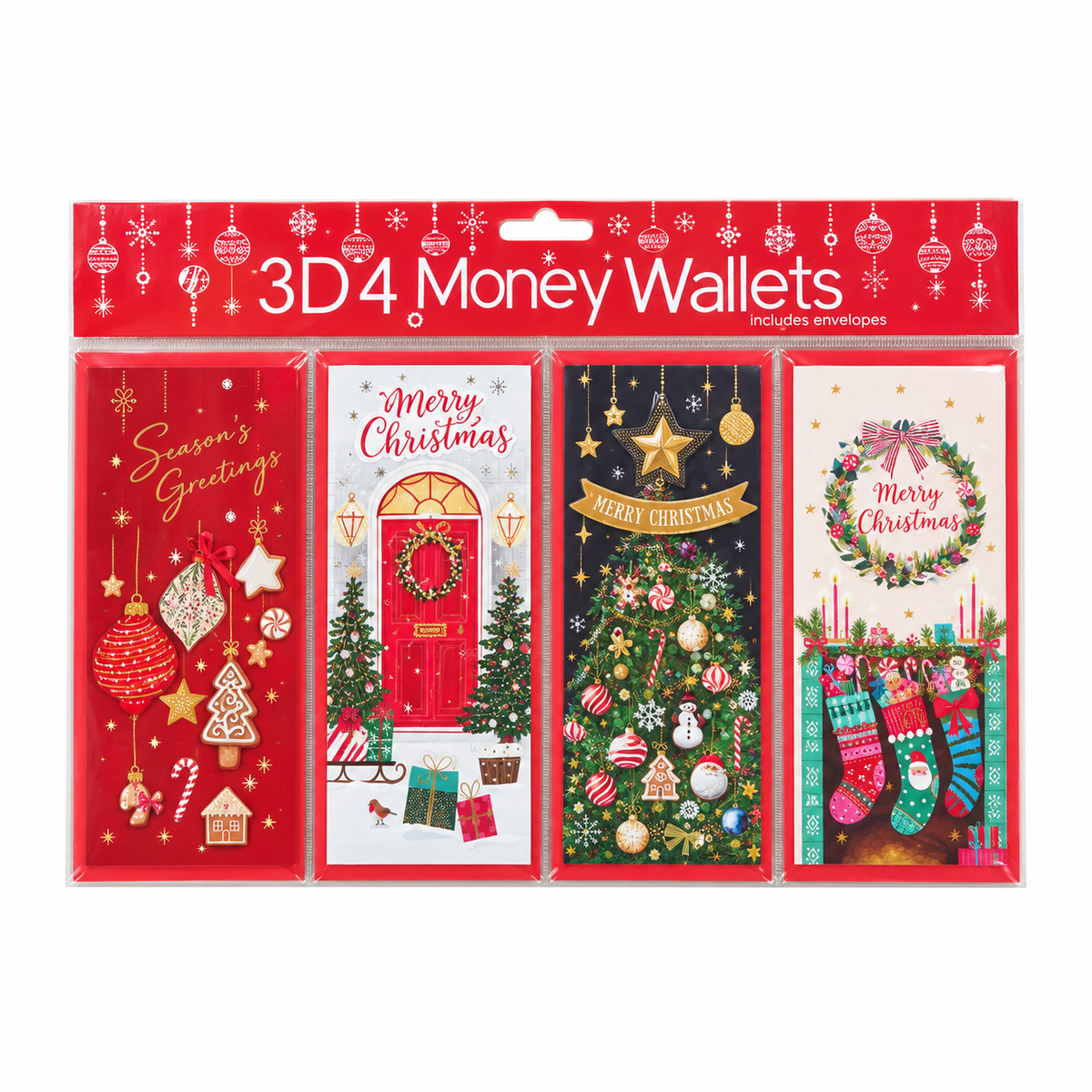 Four 3D festive Christmas money wallets with envelopes