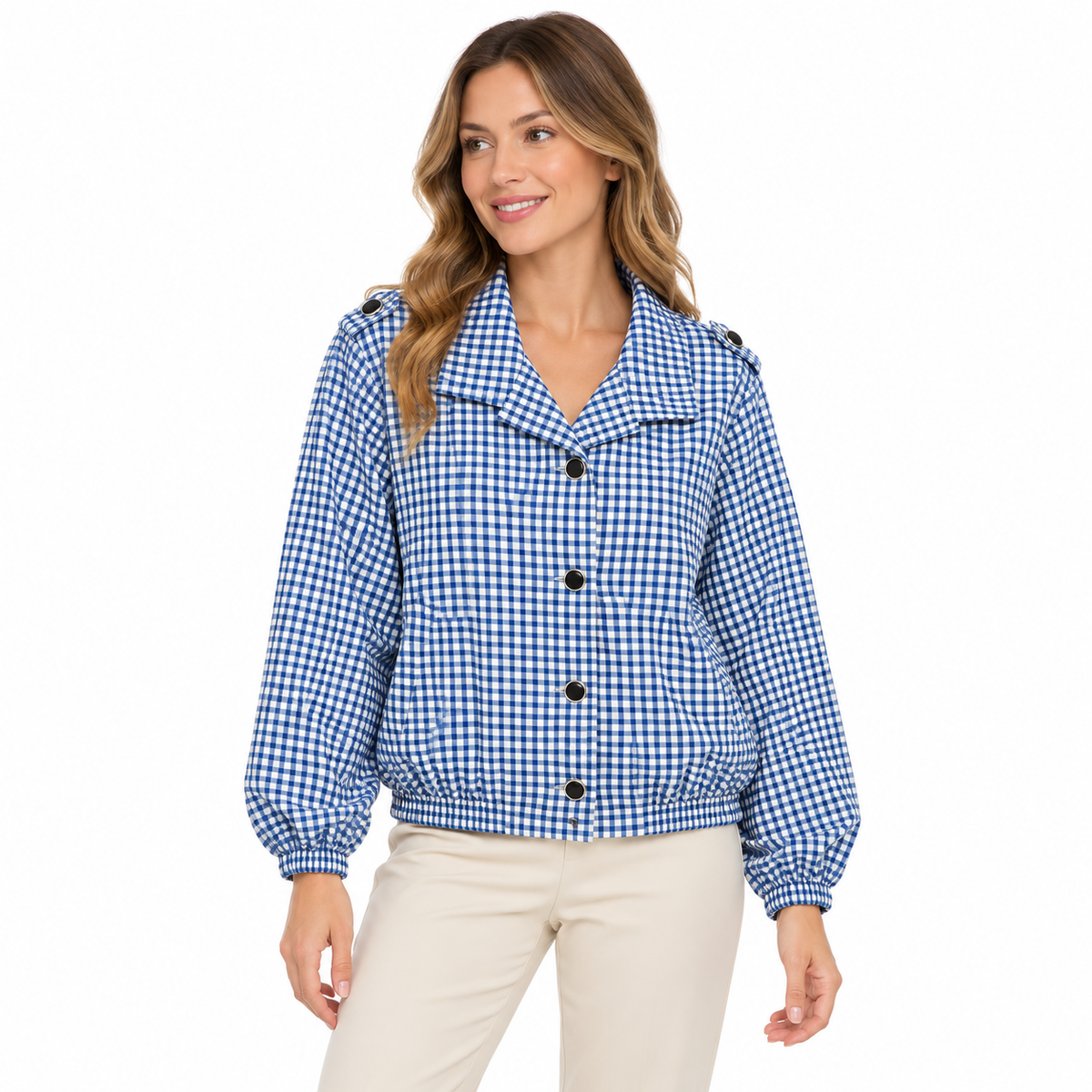 Gingham Button Jacket - Blue on a model