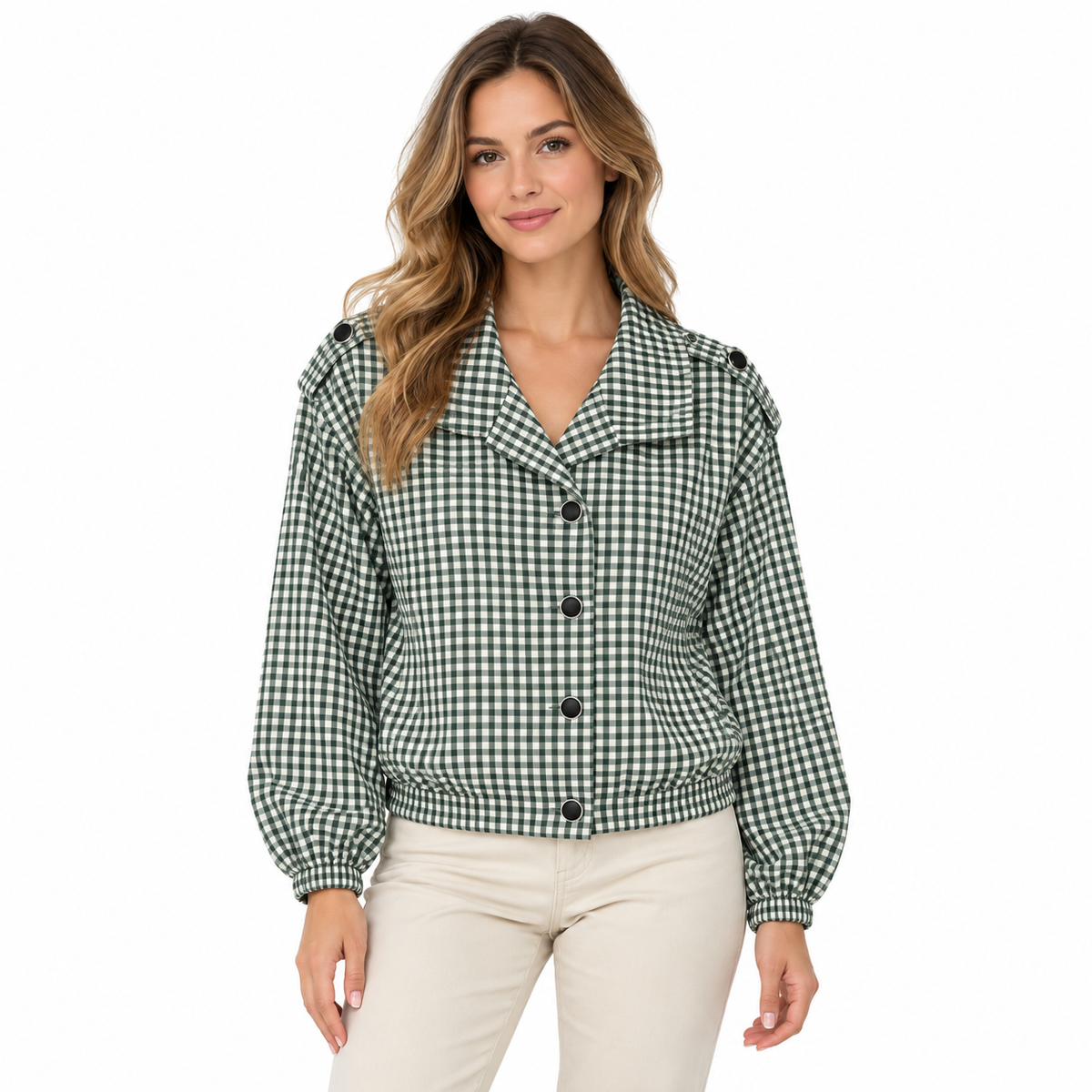 Gingham Button Jacket - Green on a model