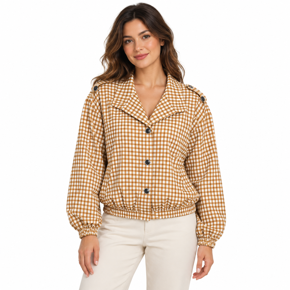 Gingham Button Jacket - Mustard on a model