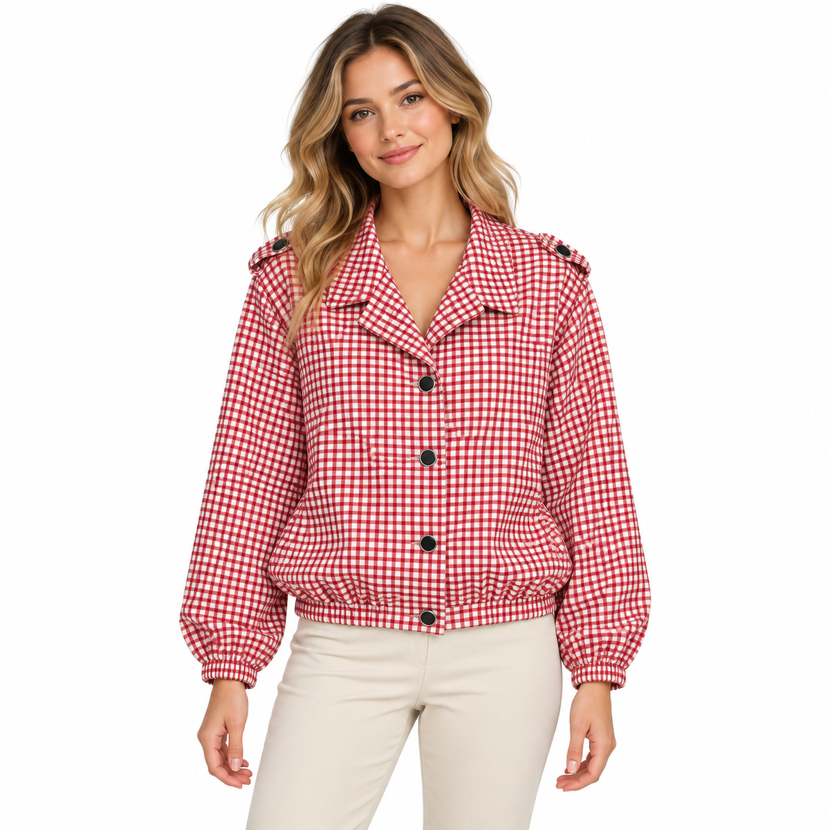 Gingham Button Jacket - Red on a model