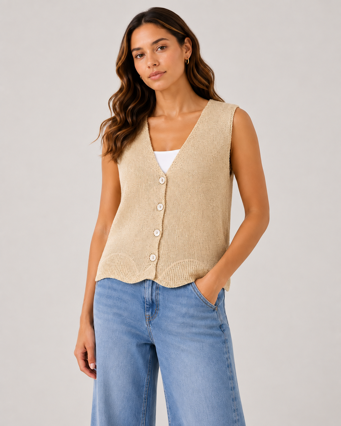 Gold Detail Cardigan on a female model against a neutral studio background