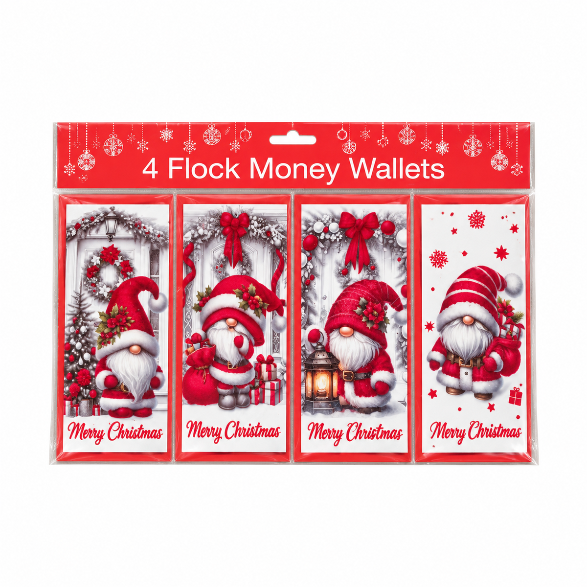 Four Christmas gonk money wallets with envelopes