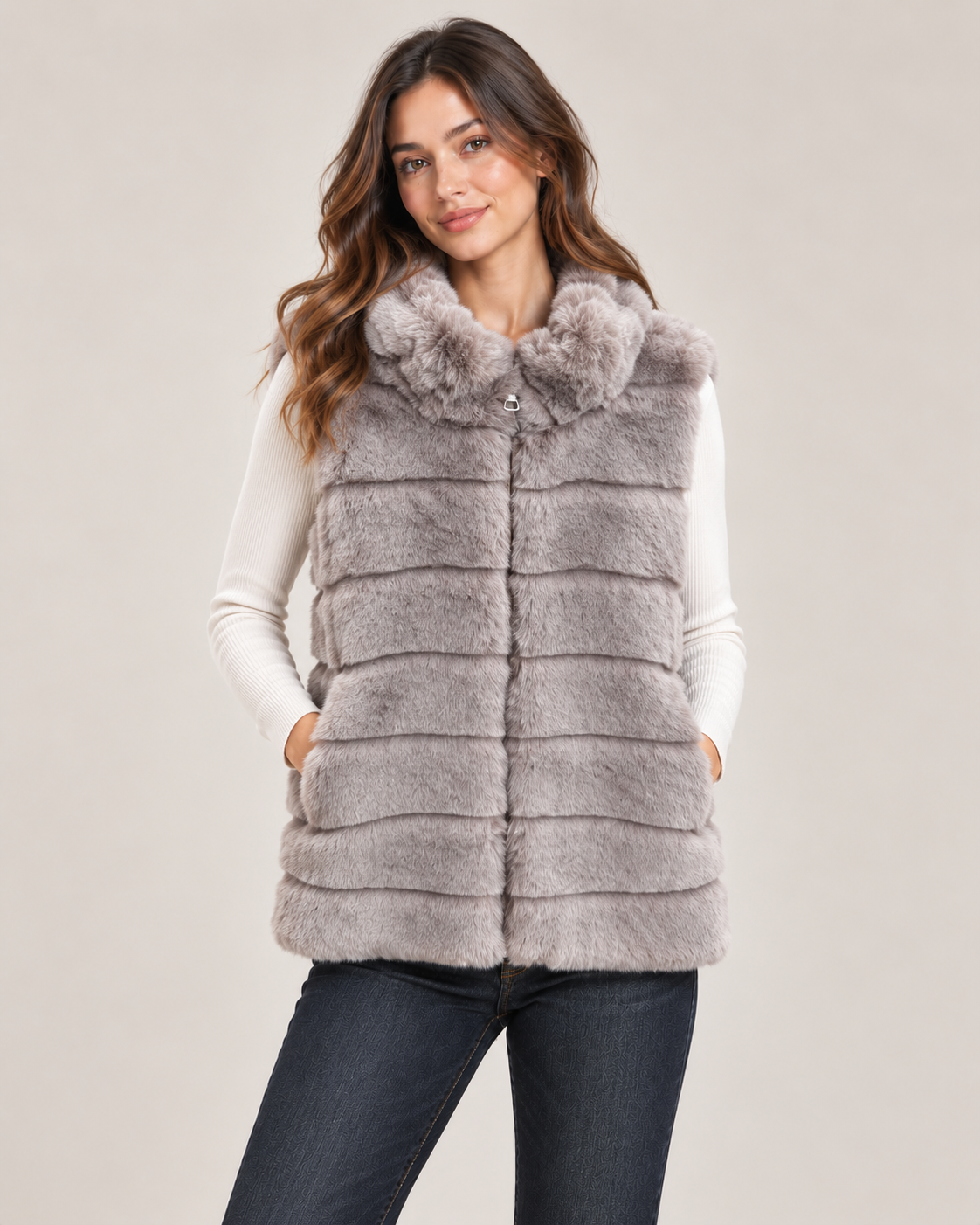 Faux Fur Gilet – Grey worn by a model