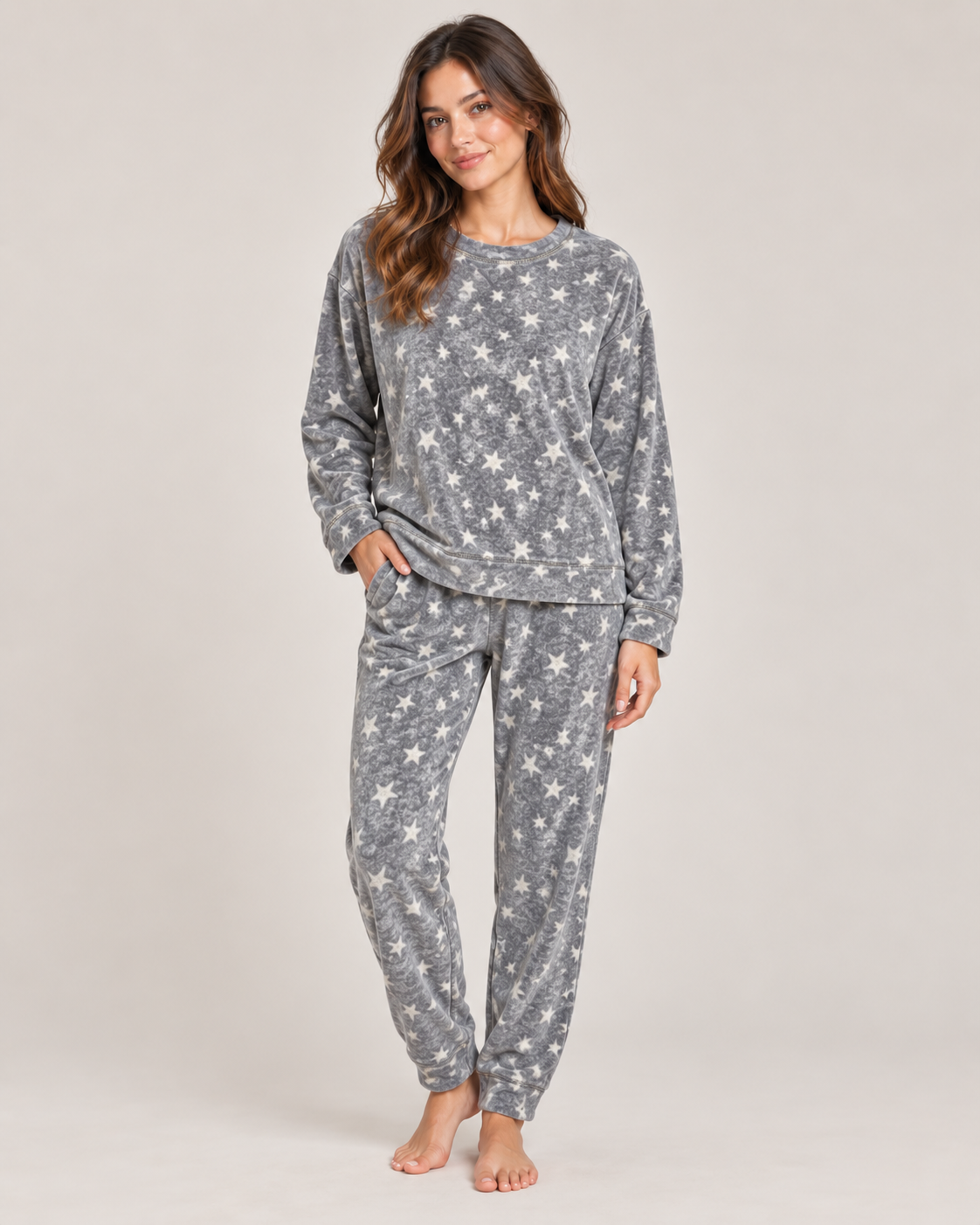 Star Print Fleece Pyjama Set – Grey worn by a model