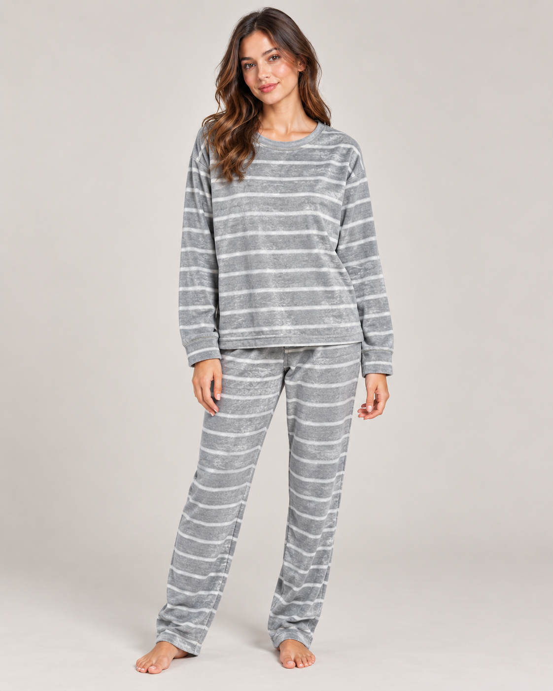 Striped Fleece Pyjama Set – Grey worn by a model
