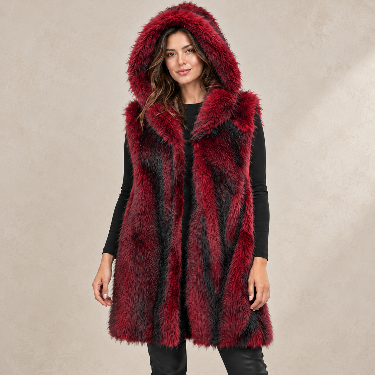 Close view of red and black hooded sleeveless longline gilet on a model