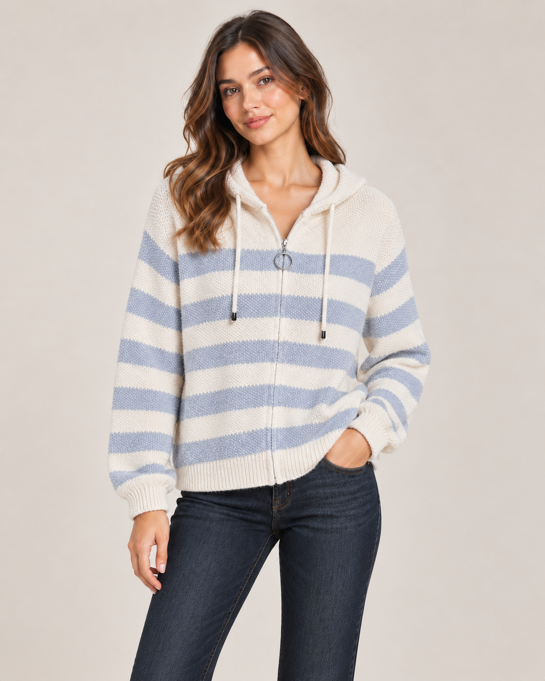Striped Knitted Zip Hoodie – Cream & Blue worn by a model