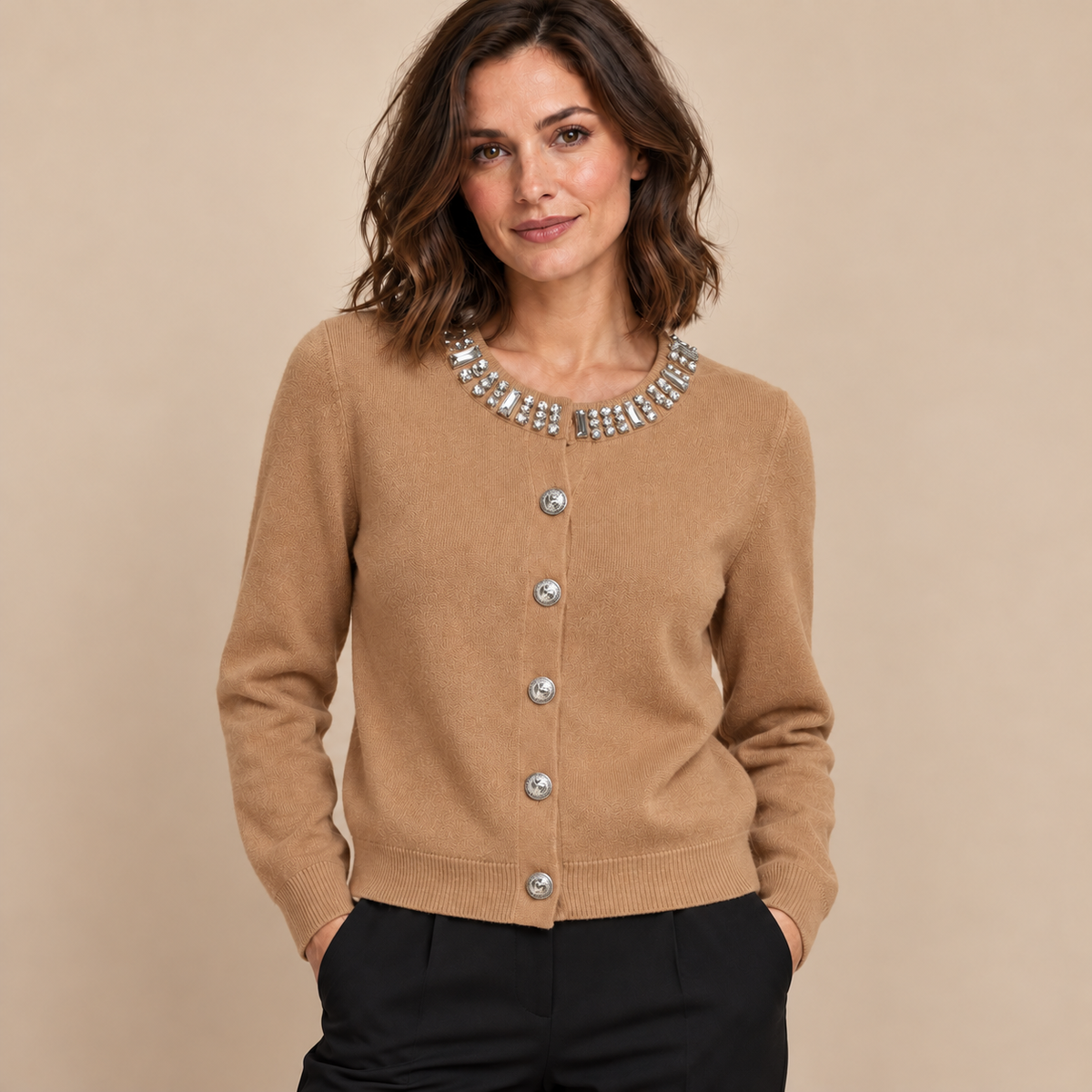 Camel jewel neckline cardigan on model