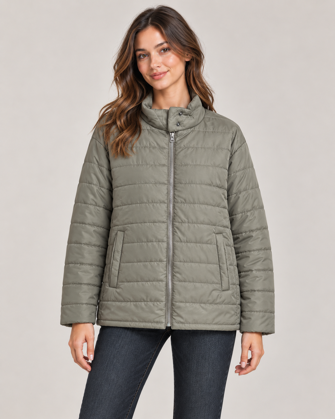 Quilted Zip Jacket – Khaki worn by a model