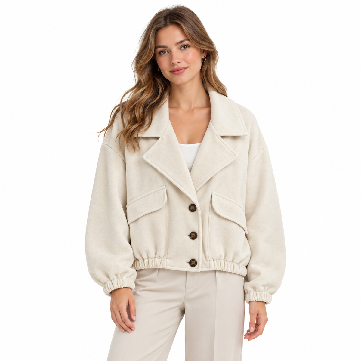 Lapel Pocket Jacket - Cream on a model