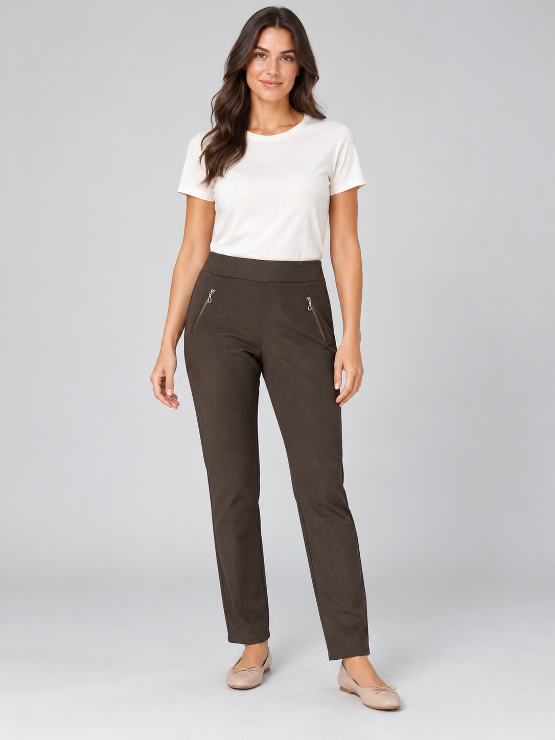 Leather Look Trim Zip Pocket Trousers – Chocolate