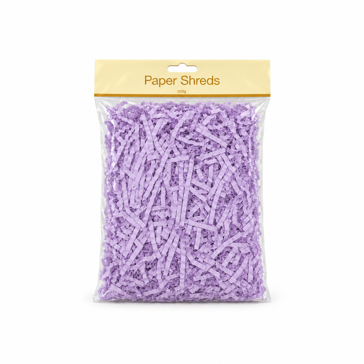 Lilac paper shreds in a 100g retail packet