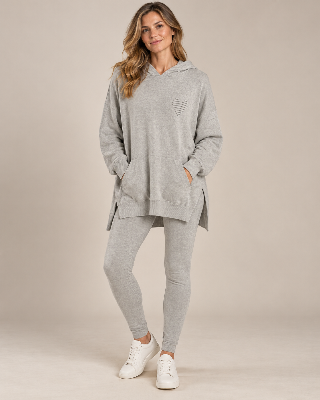 Super Soft Heart Knitted Lounge Set – Grey worn by a model