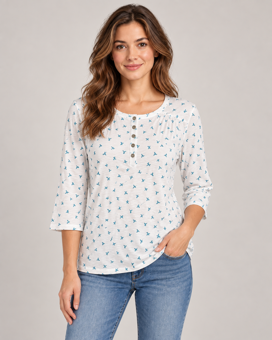 MC Bird Print Top on a model in a neutral studio