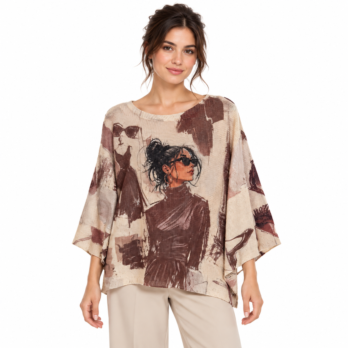 Paris Print Top - Brown on model