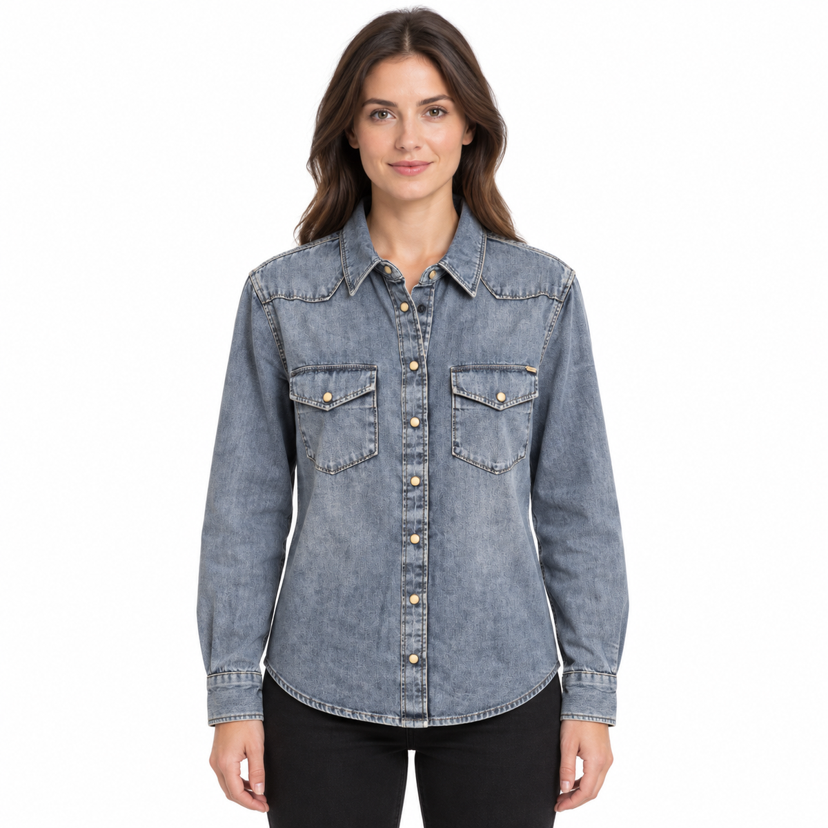 Pepe Jeans washed blue denim shirt jacket shown on an AI model