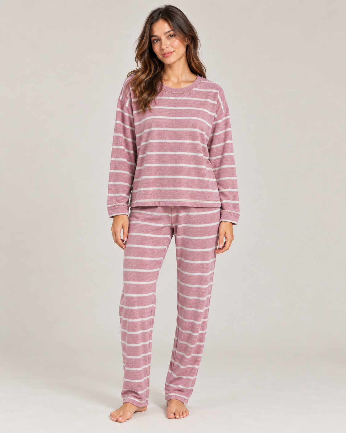 Striped Fleece Pyjama Set – Pink worn by a model