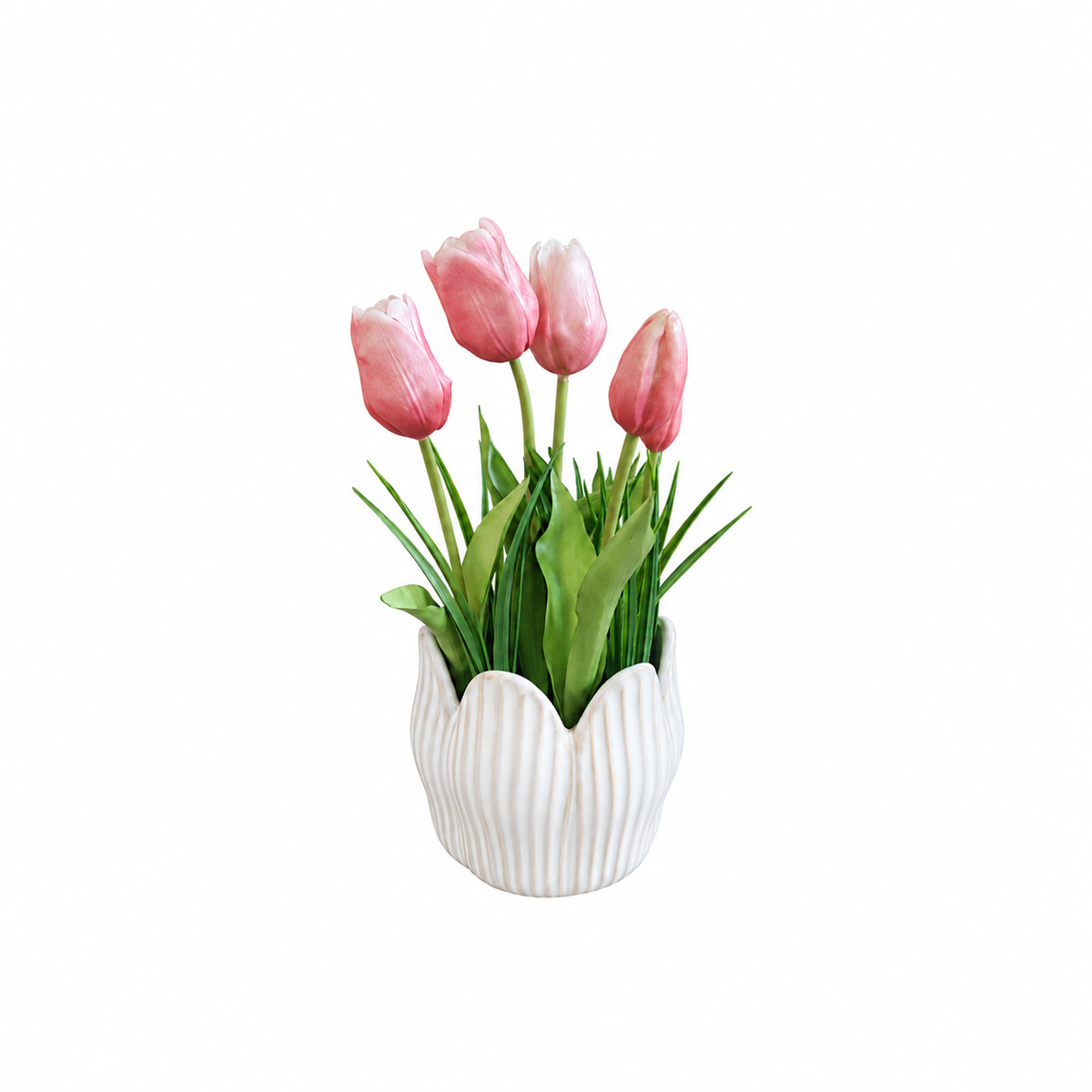 Pink tulips in a white ceramic pot