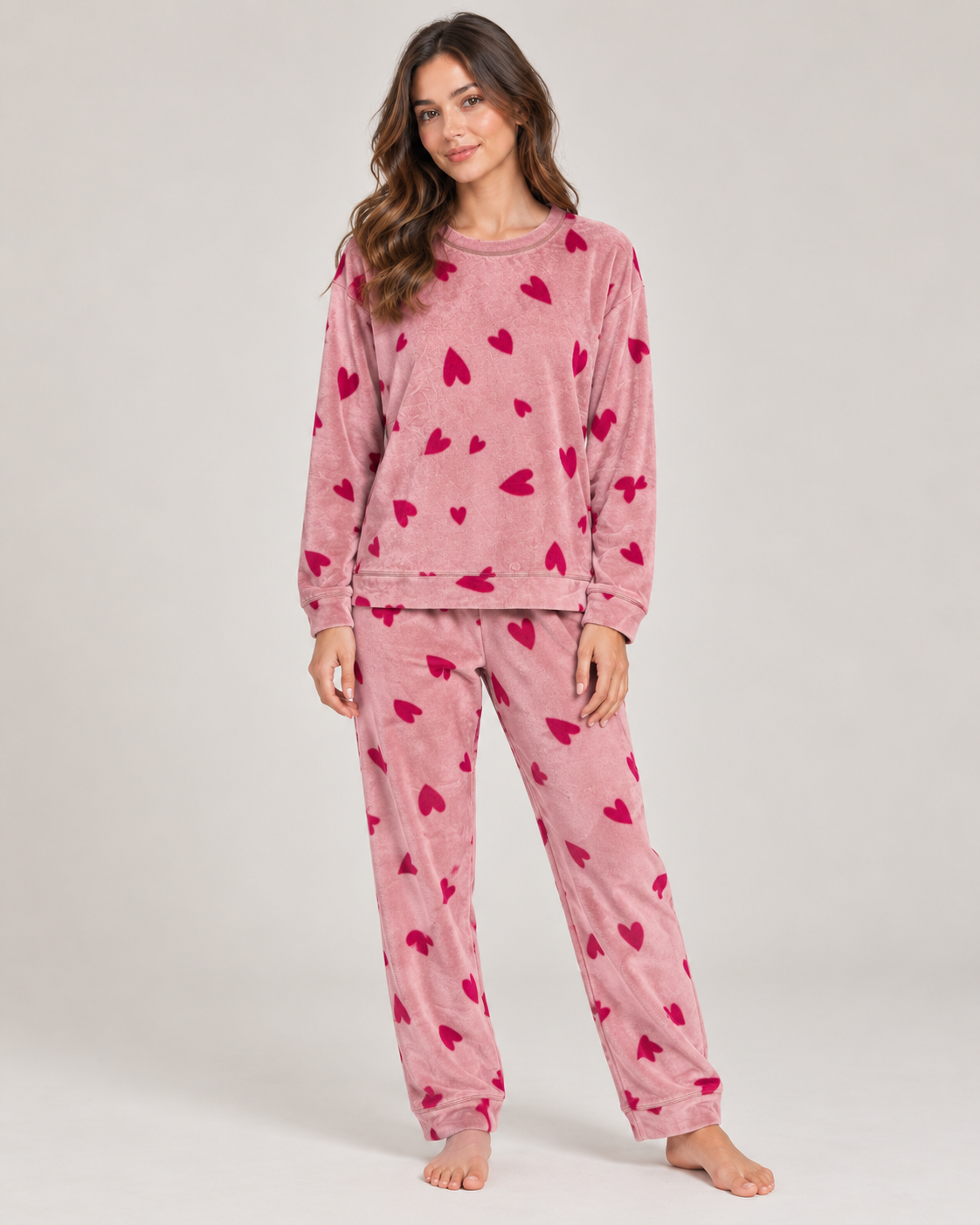 Heart Print Fleece Pyjama Set – Pink worn by a model
