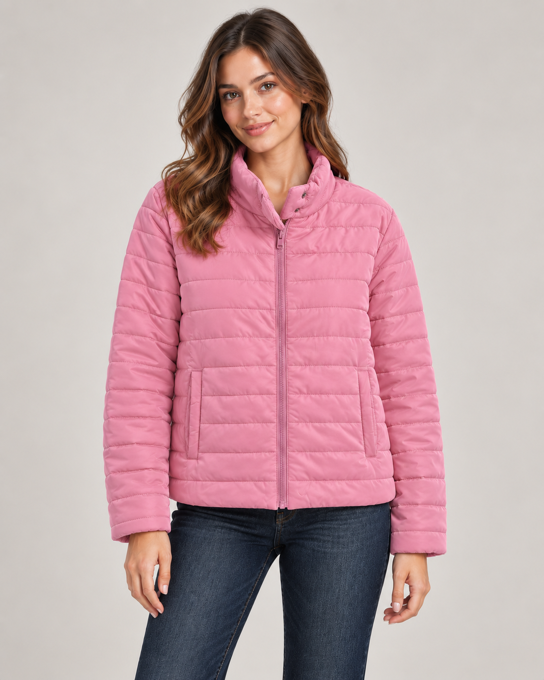 Quilted Zip Jacket – Pink worn by a model