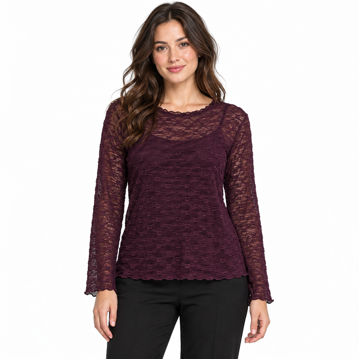 Model wearing plum textured long sleeve top