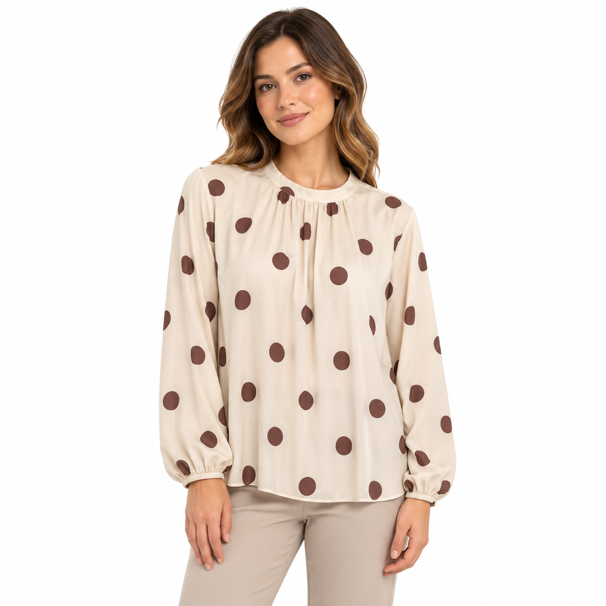 Polka Dot Blouse - Beige on a model