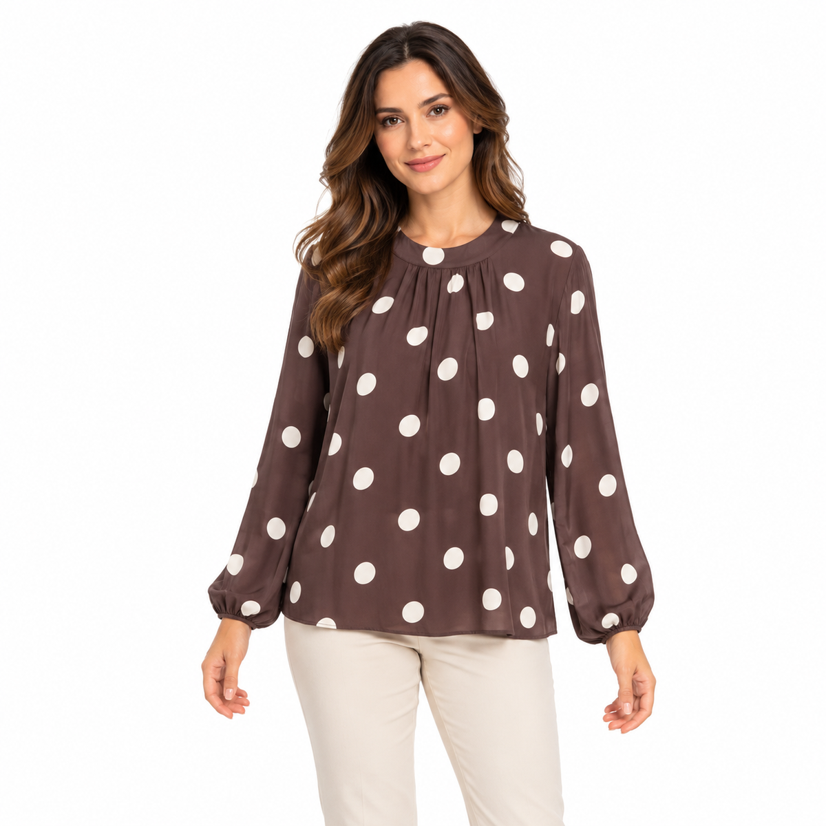 Polka Dot Blouse - Chocolate on a model