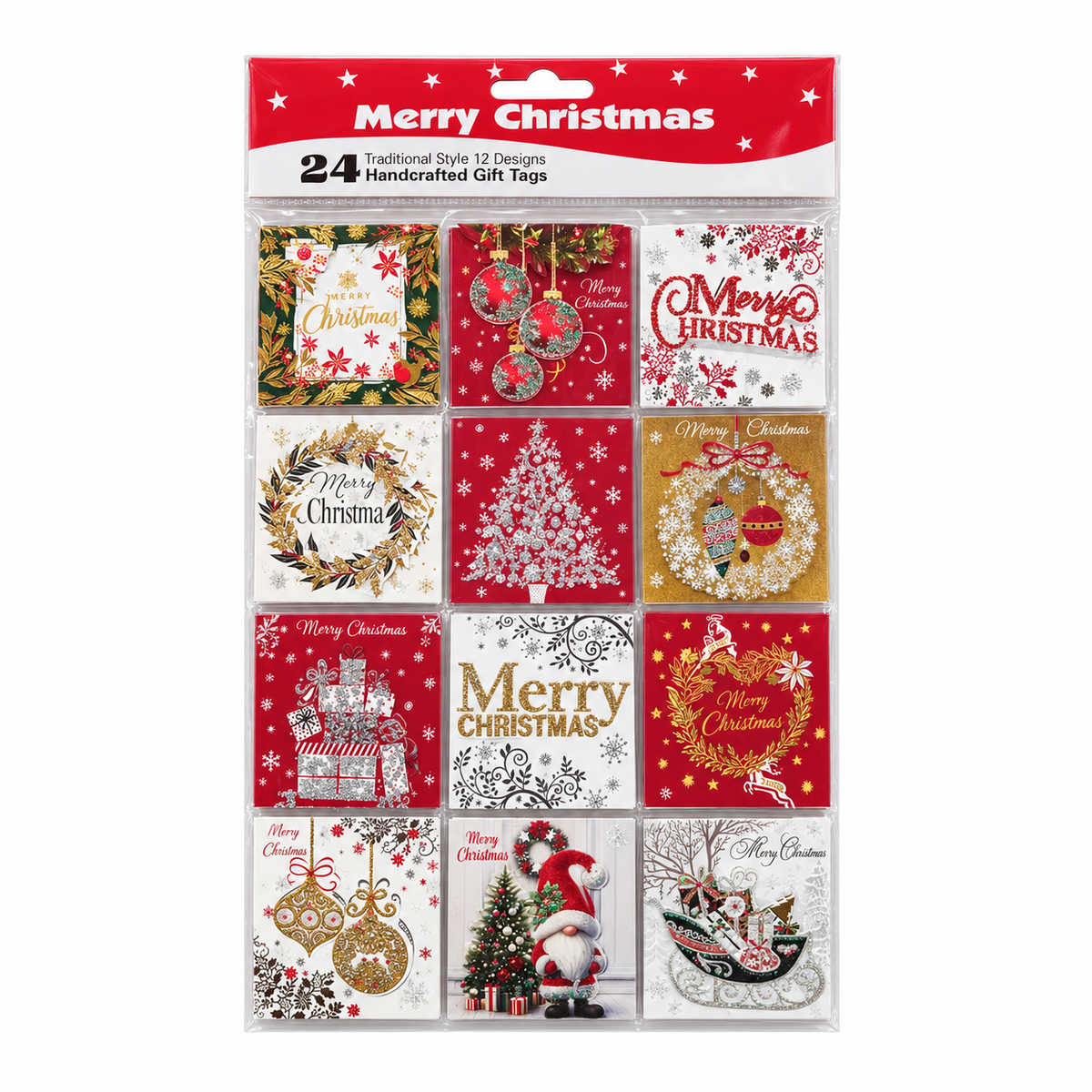 24 red and gold Christmas gift tags in 12 festive designs