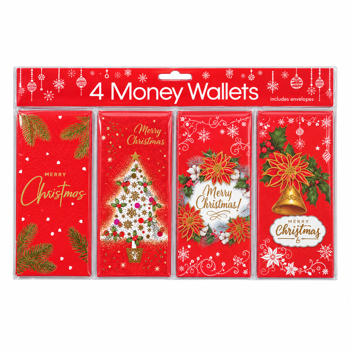 Four red and gold Christmas money wallets with envelopes