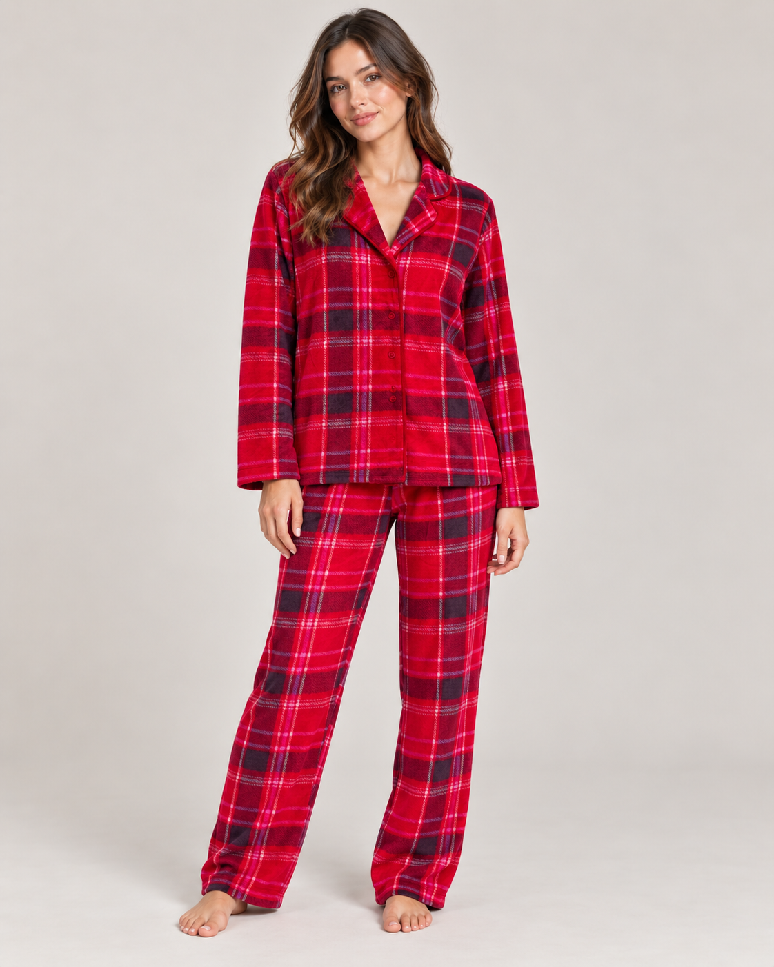 Checked Fleece Pyjama Set – Red worn by a model