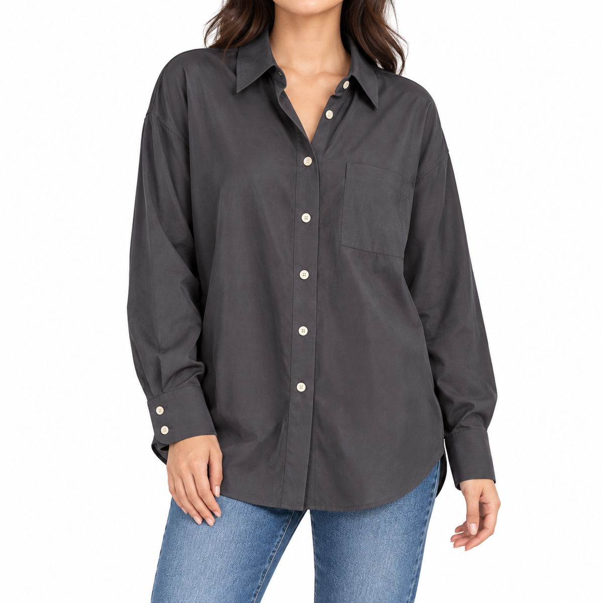 Charcoal pocket shirt styled on AI model